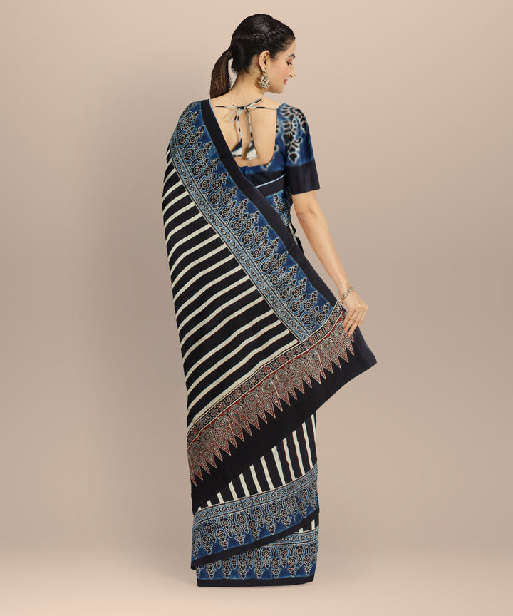 Black blue hand painted ajrakh modal silk saree