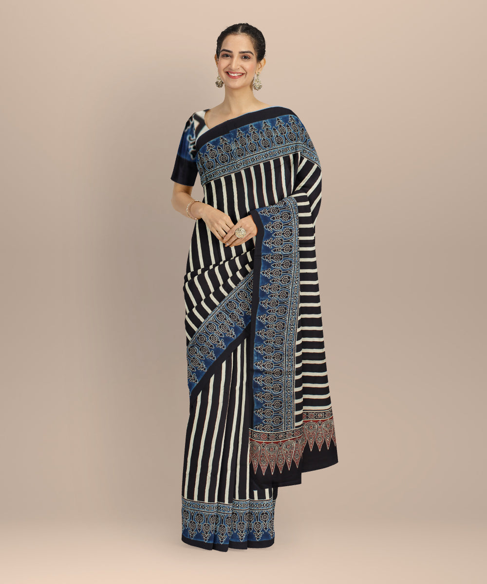 Black blue hand painted ajrakh modal silk saree