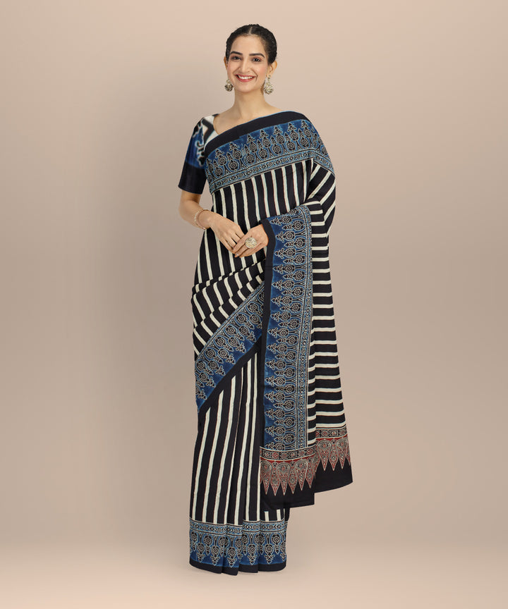 Black blue hand painted ajrakh modal silk saree