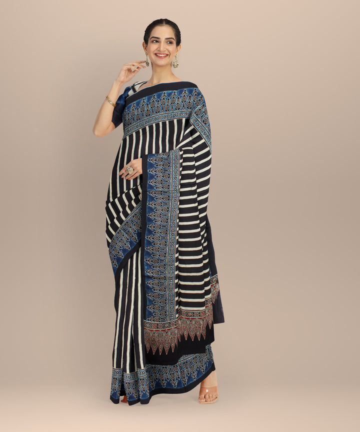 Black blue hand painted ajrakh modal silk saree