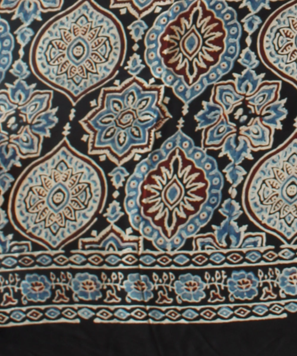 Black cream hand painted ajrakh modal silk saree