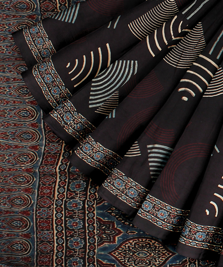 Black cream hand painted ajrakh modal silk saree