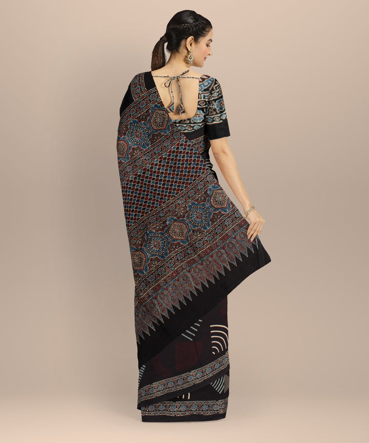Black cream hand painted ajrakh modal silk saree
