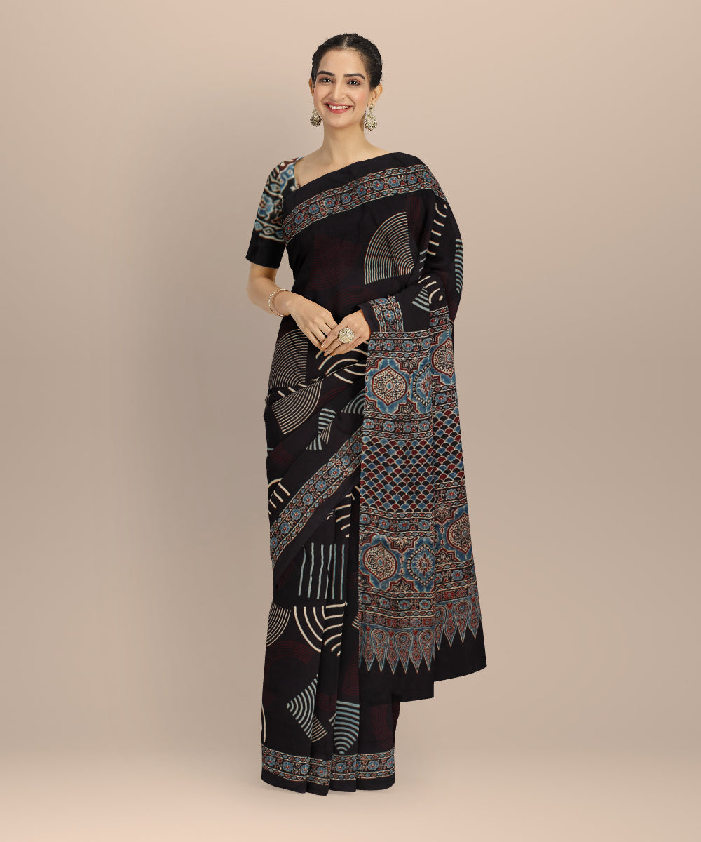 Black cream hand painted ajrakh modal silk saree