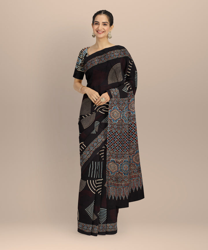 Black cream hand painted ajrakh modal silk saree