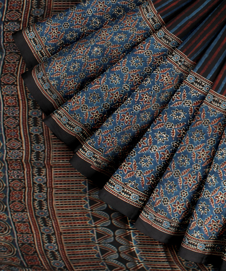 Black indigo hand painted ajrakh modal silk saree