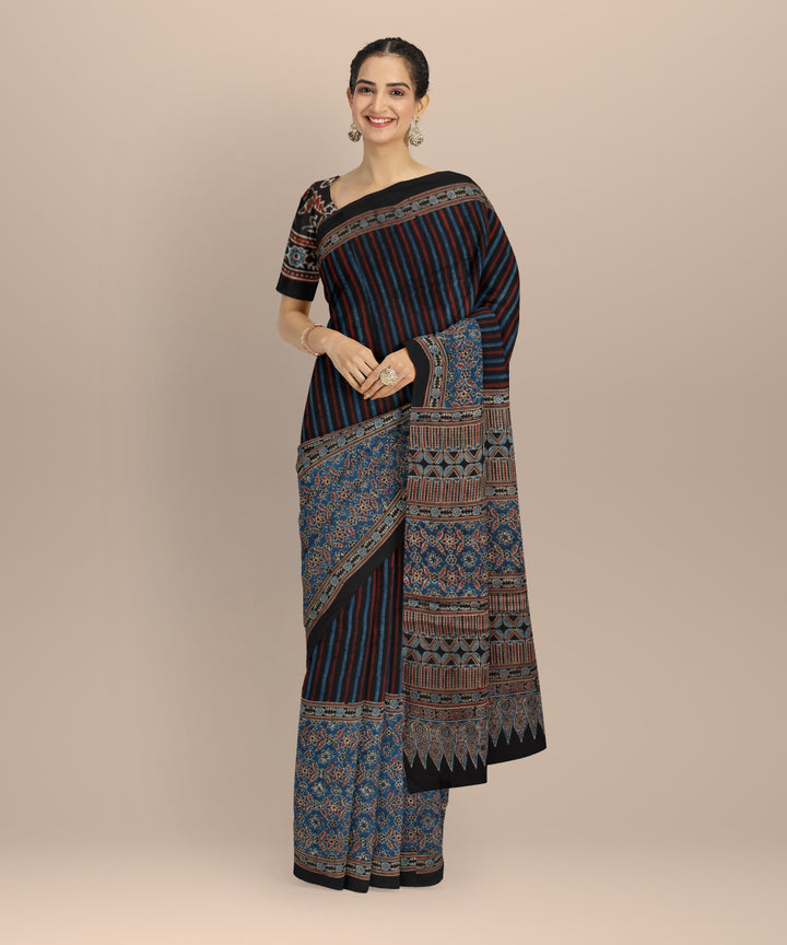 Black indigo hand painted ajrakh modal silk saree