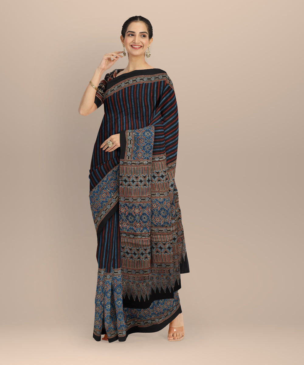 Black indigo hand painted ajrakh modal silk saree