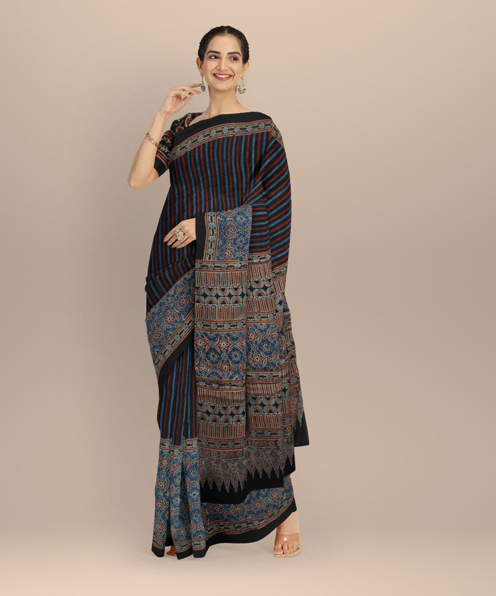 Black indigo hand painted ajrakh modal silk saree