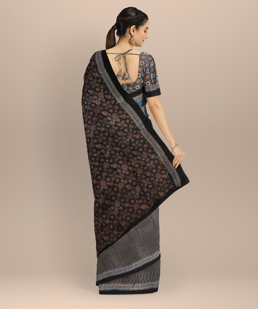 Black white hand painted ajrakh modal silk saree