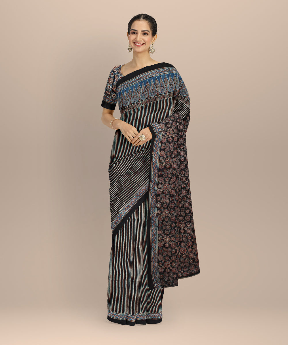 Black white hand painted ajrakh modal silk saree
