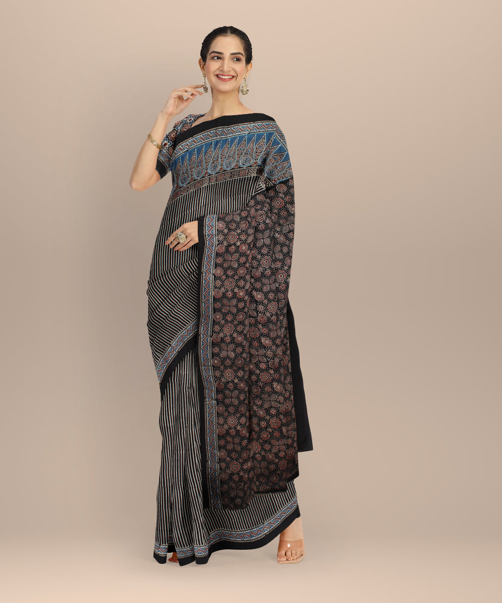 Black white hand painted ajrakh modal silk saree