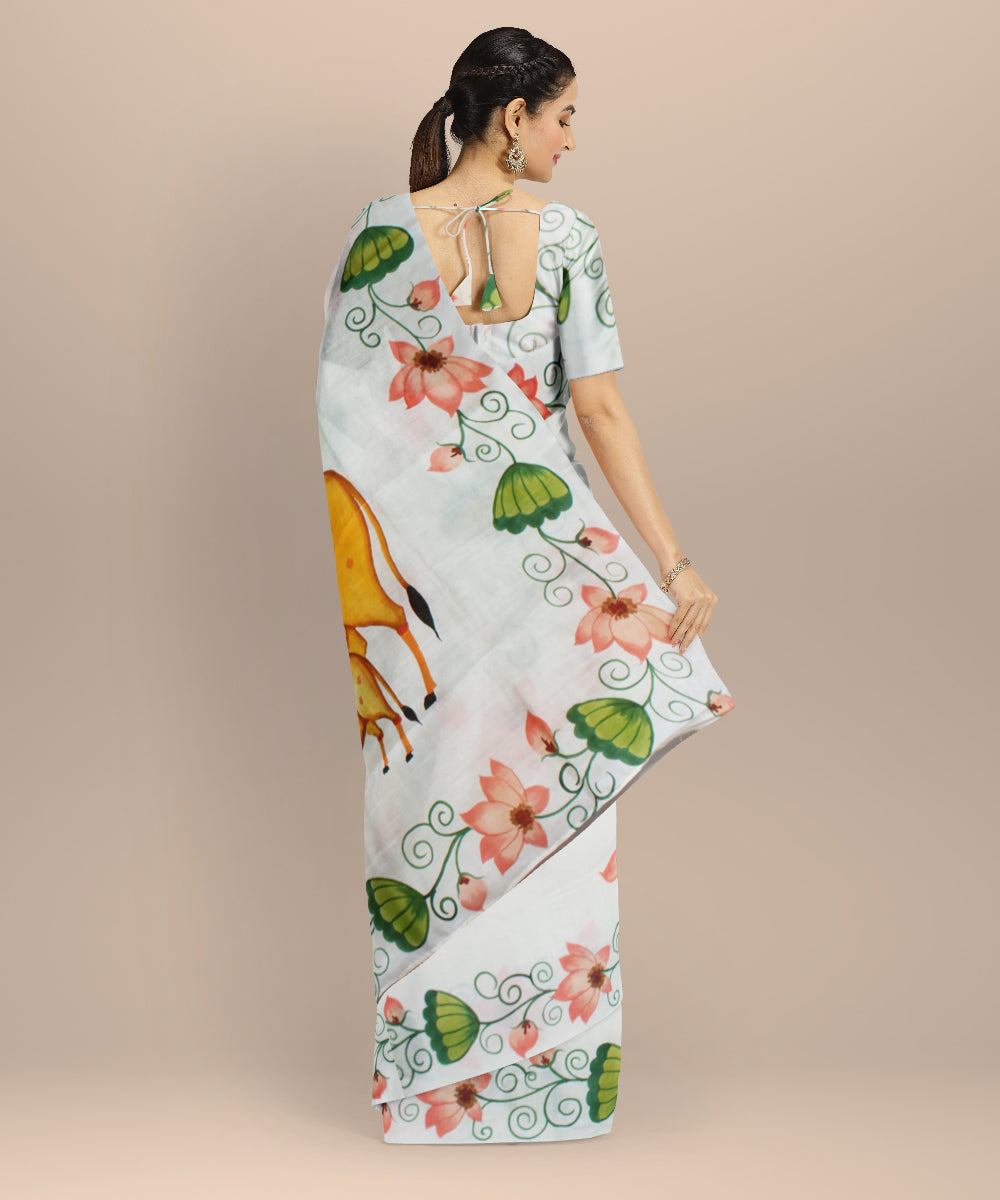 White green hand painted ajrakh cotton silk chanderi saree