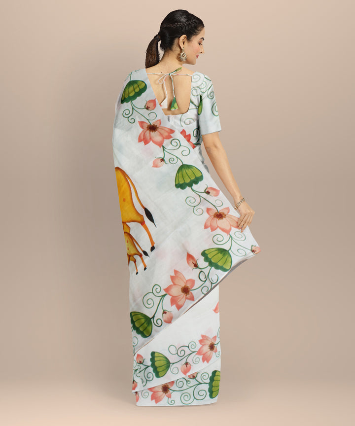 White green hand painted ajrakh cotton silk chanderi saree