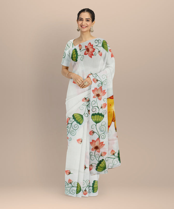 White green hand painted ajrakh cotton silk chanderi saree