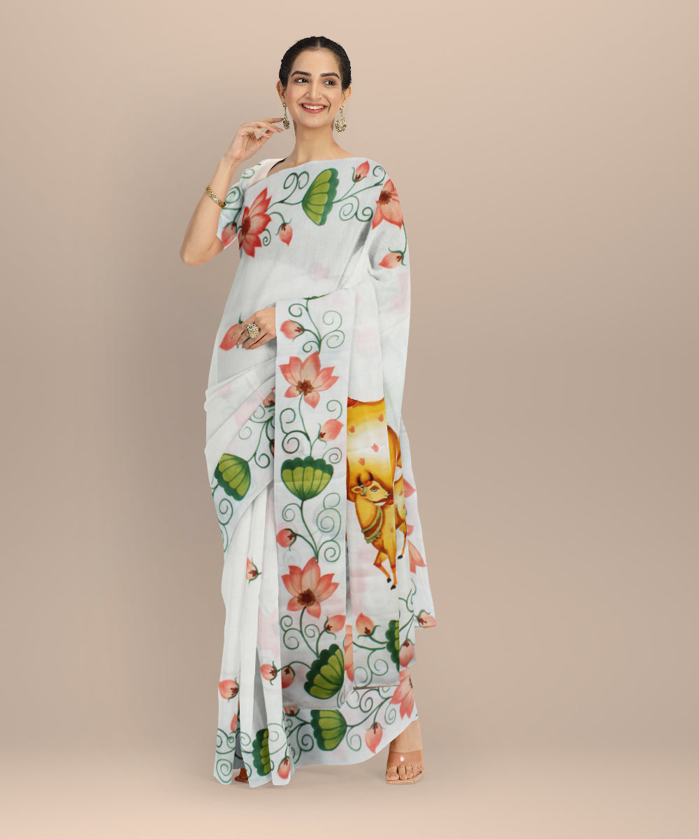 White green hand painted ajrakh cotton silk chanderi saree