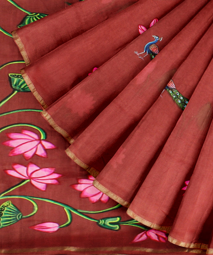 Rust pink hand painted ajrakh cotton silk chanderi saree