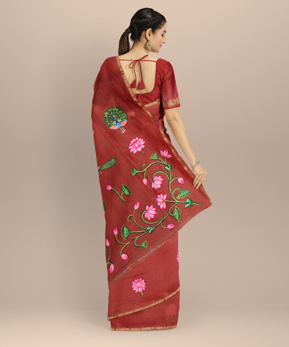 Rust pink hand painted ajrakh cotton silk chanderi saree