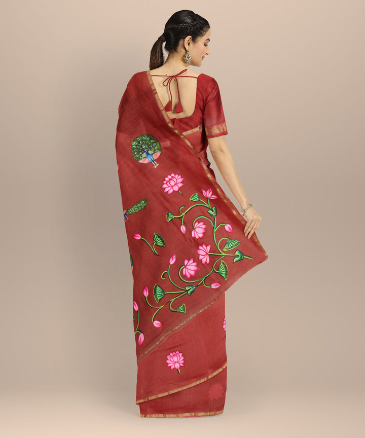 Rust pink hand painted ajrakh cotton silk chanderi saree