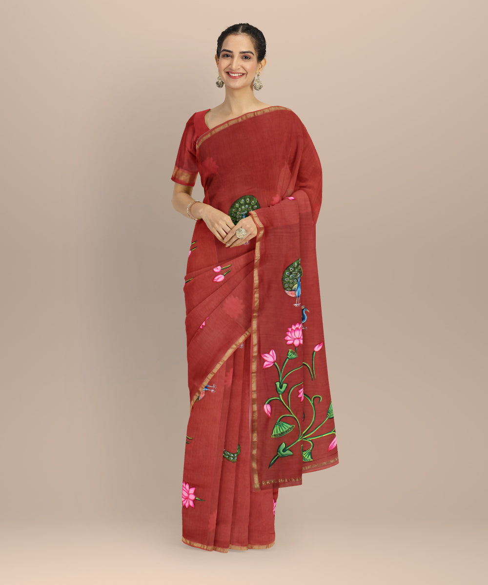 Rust pink hand painted ajrakh cotton silk chanderi saree