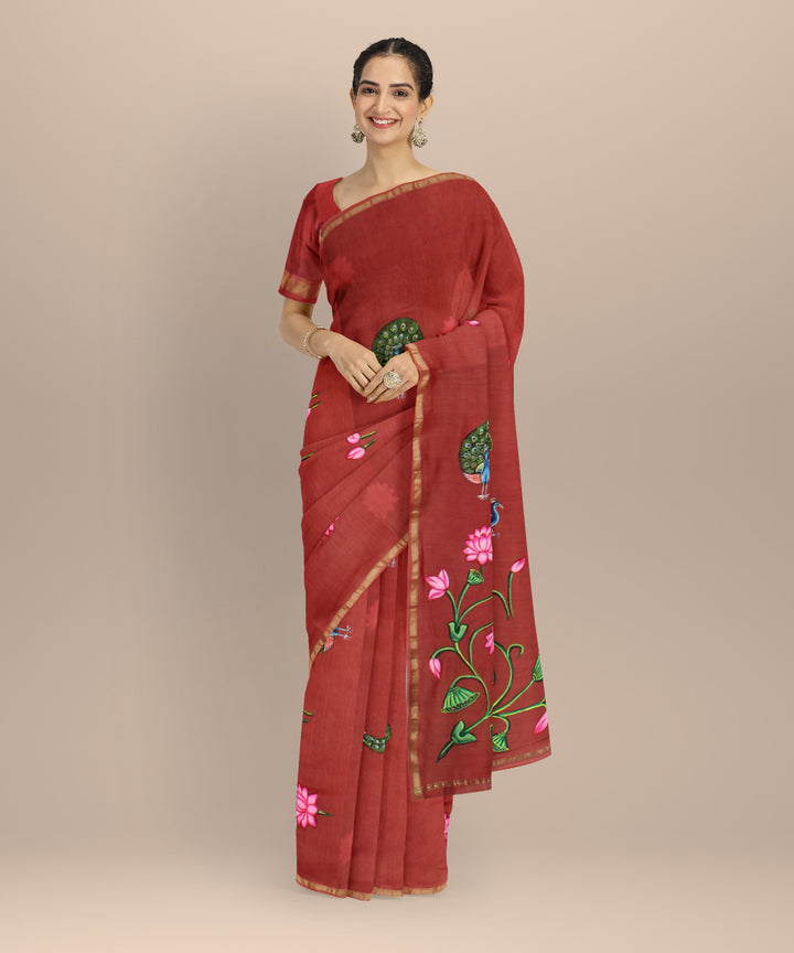 Rust pink hand painted ajrakh cotton silk chanderi saree