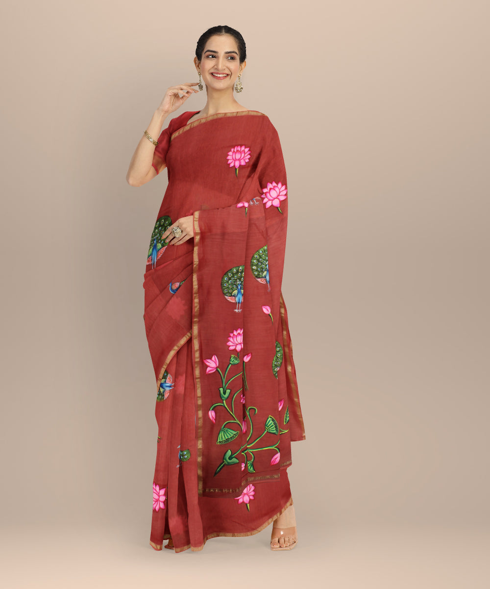 Rust pink hand painted ajrakh cotton silk chanderi saree