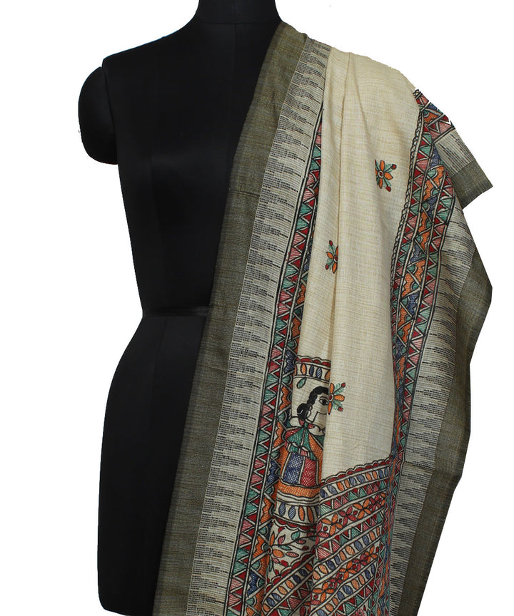 Offwhite black cotton handwoven madhubani painting dupatta