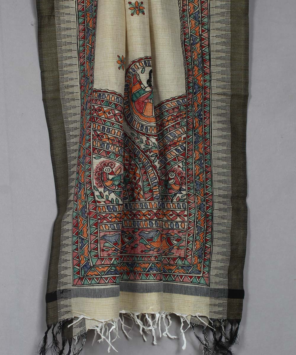 Offwhite black cotton handwoven madhubani painting dupatta