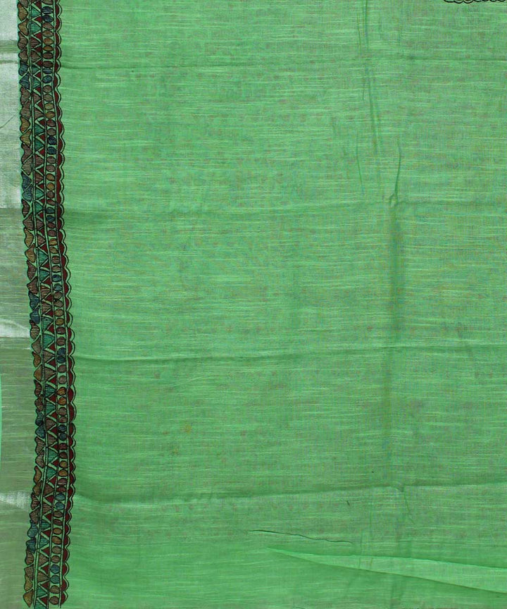 Light green black cotton handwoven madhubani painting saree