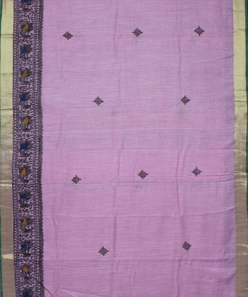 Pink black cotton handwoven madhubani painting saree