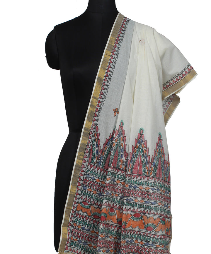 White cotton silk handwoven madhubani painting dupatta