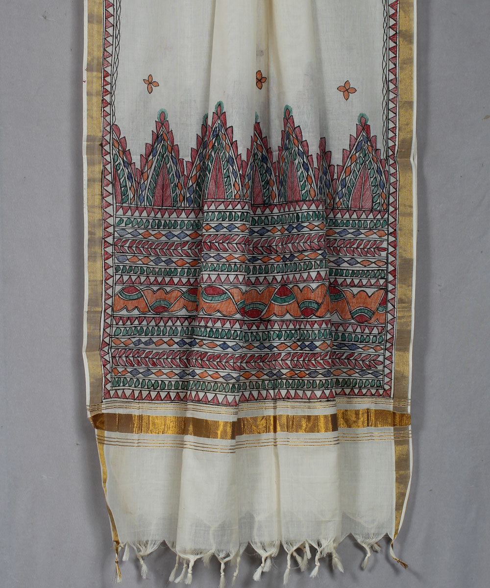 White cotton silk handwoven madhubani painting dupatta