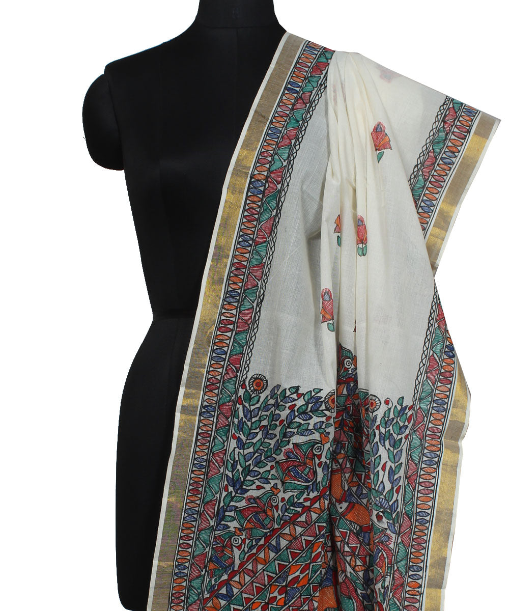 Offwhite cotton silk handwoven madhubani painting dupatta
