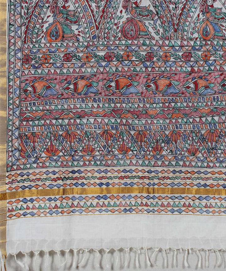 Offwhite handloom cotton silk madhubani painting dupatta