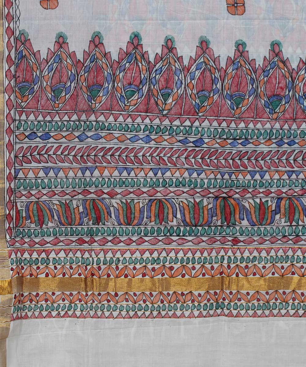 Offwhite handloom madhubani painting cotton silk dupatta