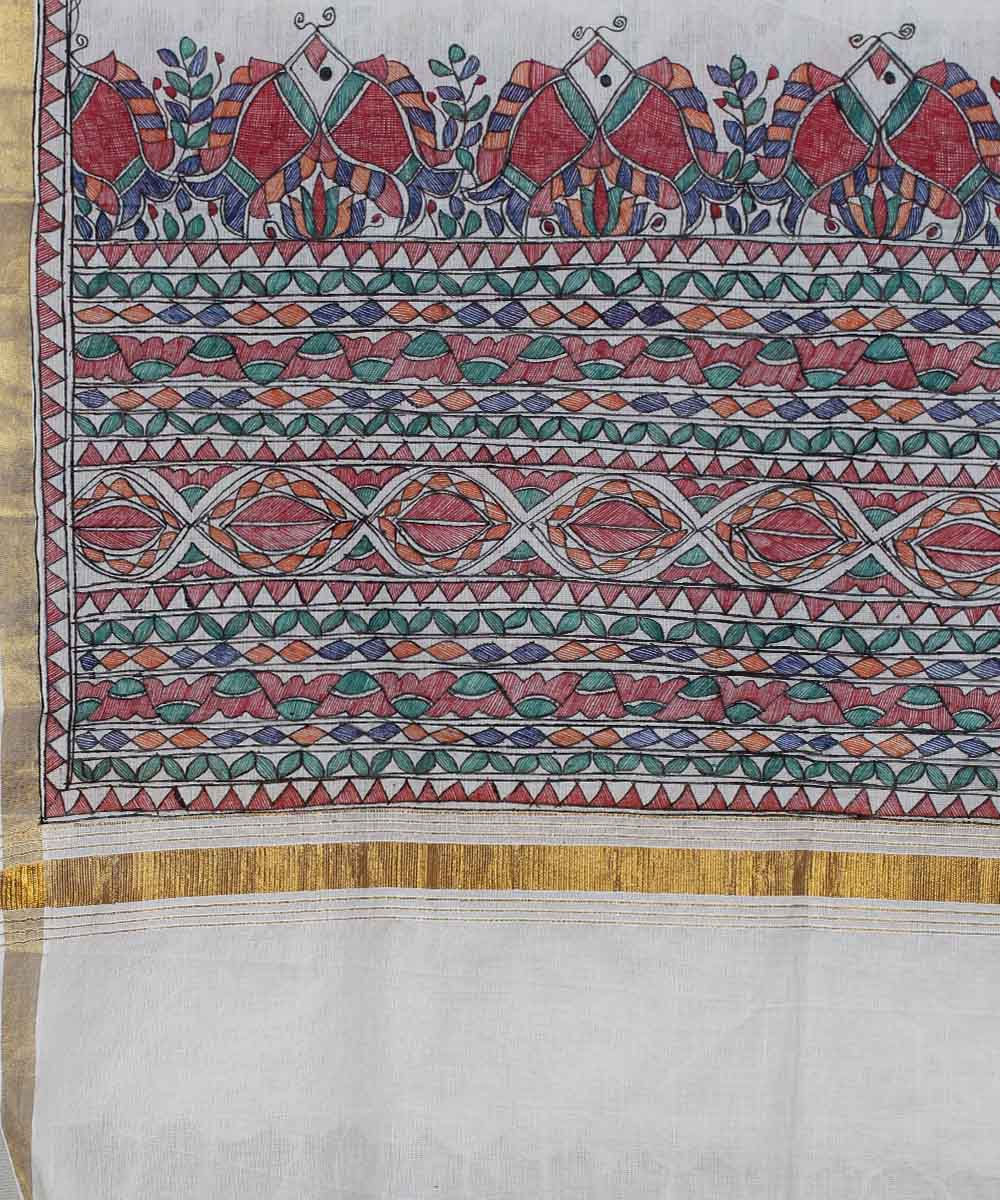 Offwhite cotton silk handloom madhubani painting dupatta