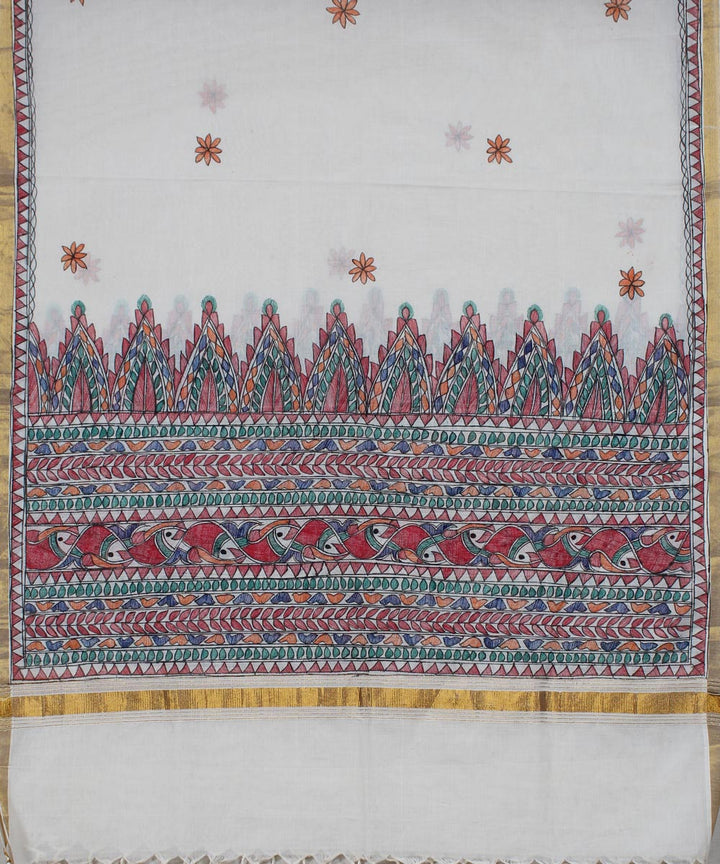 Off white cotton silk handloom madhubani painting dupatta