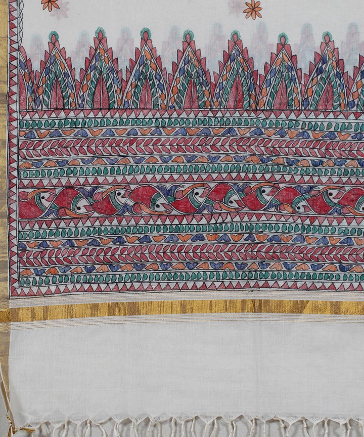 Off white cotton silk handloom madhubani painting dupatta