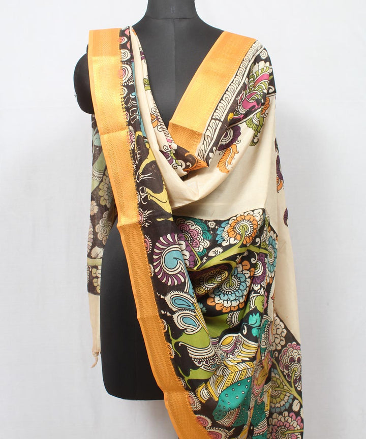 Multicolor cream hand painted cotton silk kalamkari dupatta