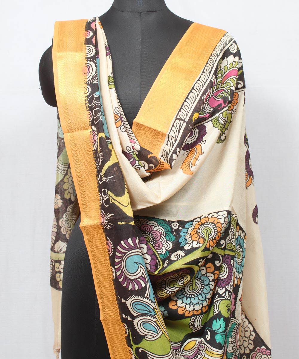 Multicolor cream hand painted cotton silk kalamkari dupatta