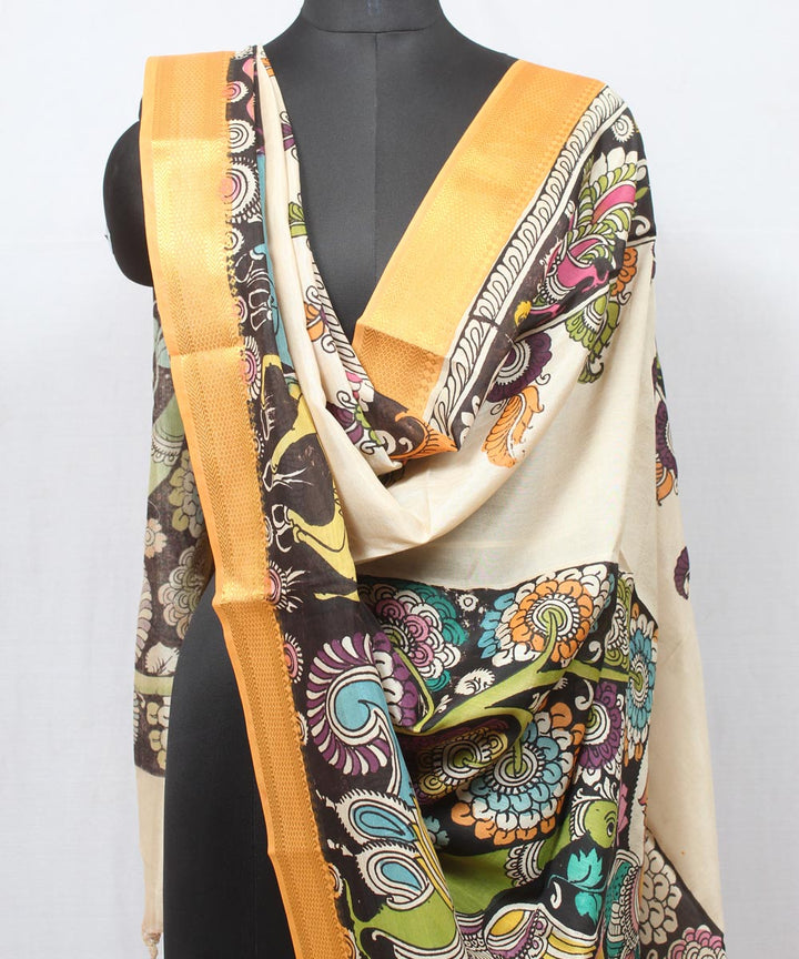 Multicolor cream hand painted cotton silk kalamkari dupatta