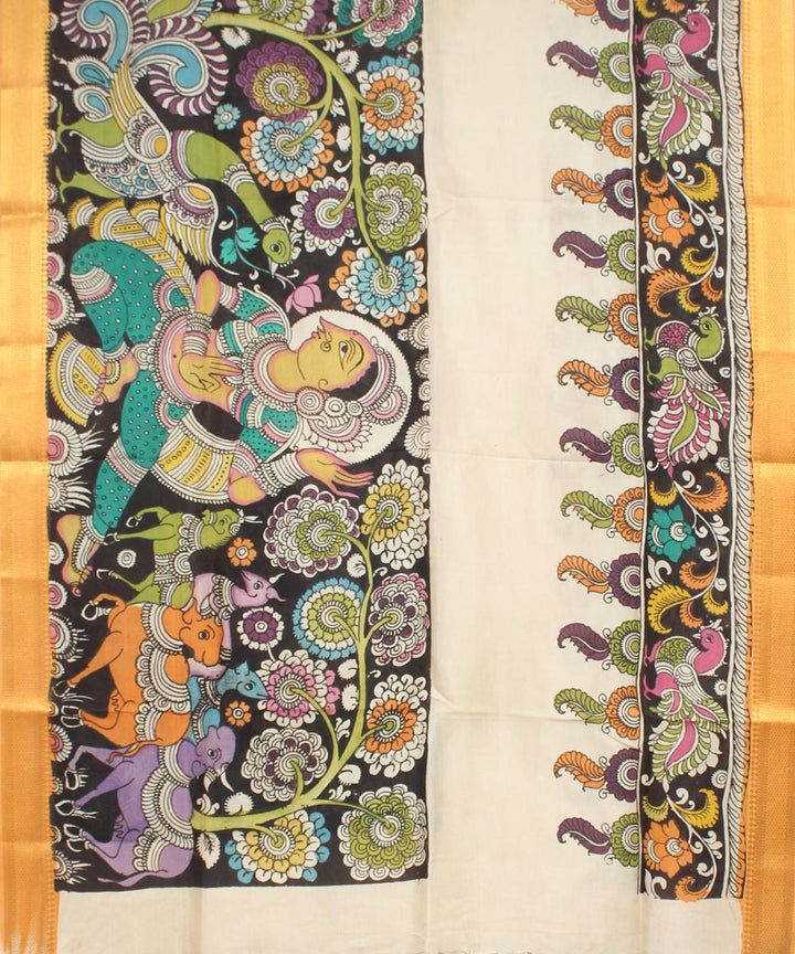 Multicolor cream hand painted cotton silk kalamkari dupatta