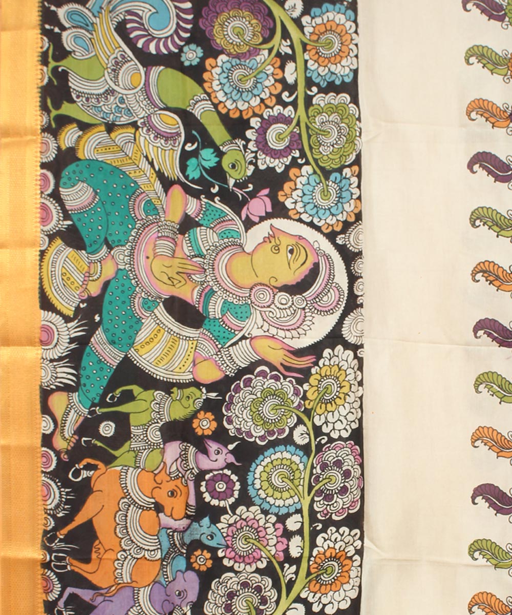 Multicolor cream hand painted cotton silk kalamkari dupatta