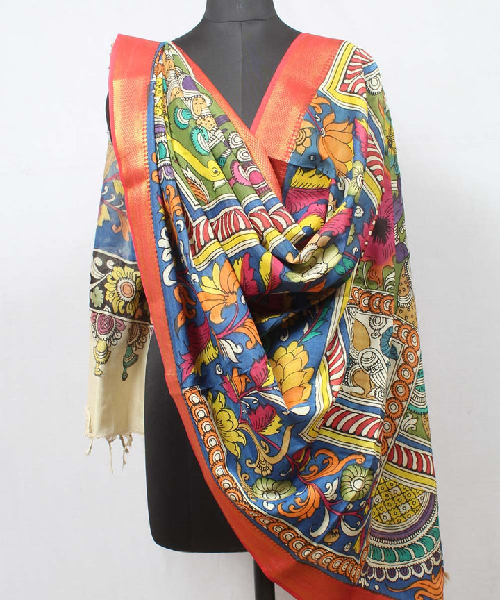 Multicolor peach hand painted cotton silk kalamkari dupatta