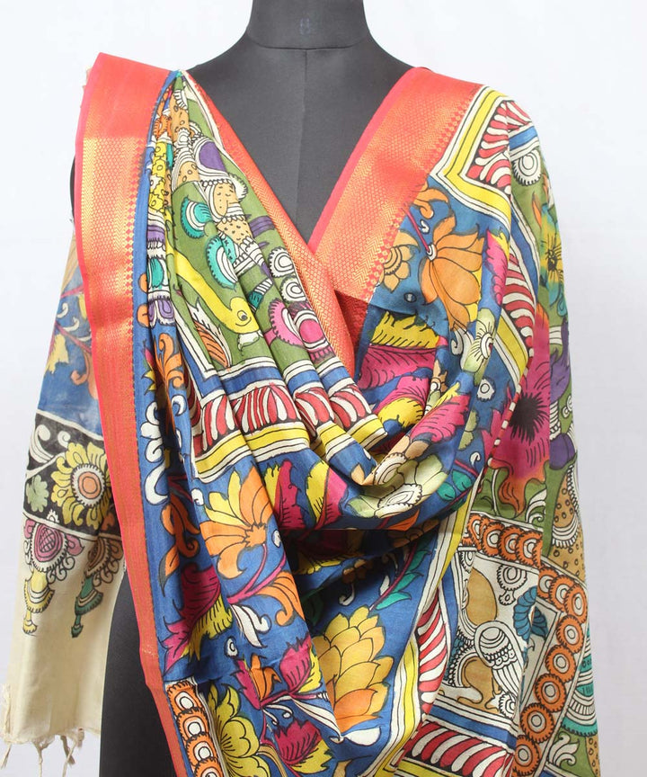 Multicolor peach hand painted cotton silk kalamkari dupatta