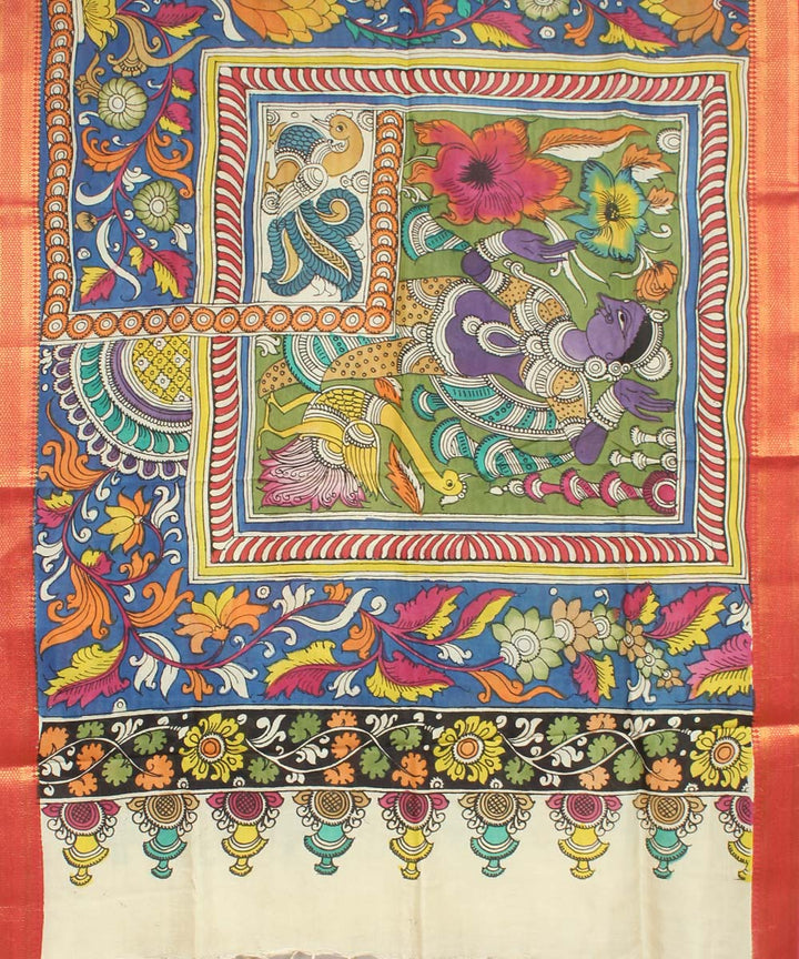 Multicolor peach hand painted cotton silk kalamkari dupatta