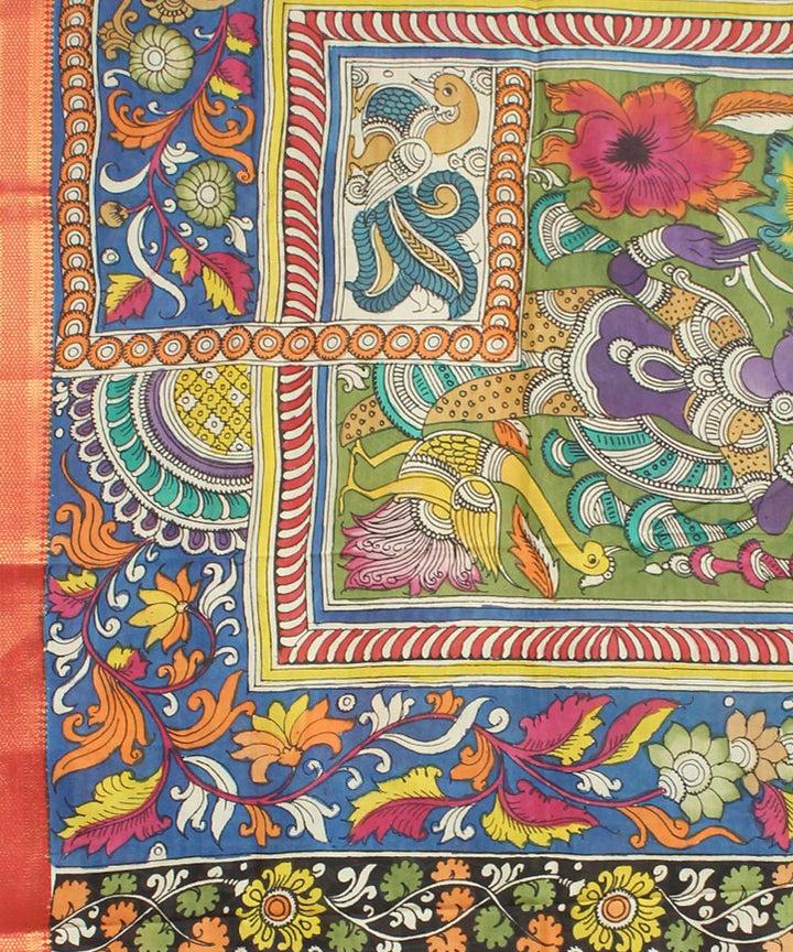 Multicolor peach hand painted cotton silk kalamkari dupatta