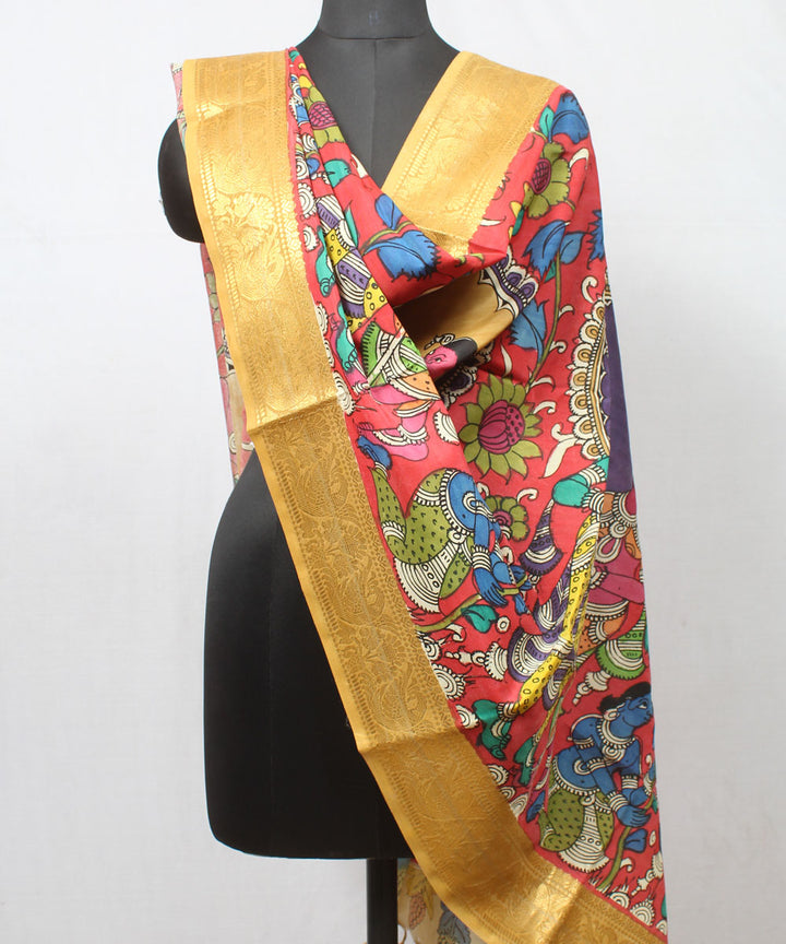 Multicolor mustard hand painted cotton silk kalamkari dupatta