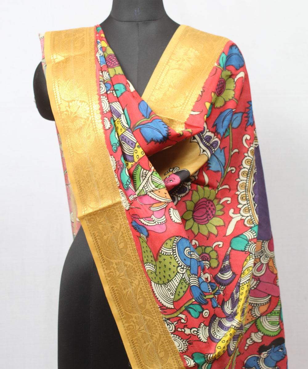 Multicolor mustard hand painted cotton silk kalamkari dupatta
