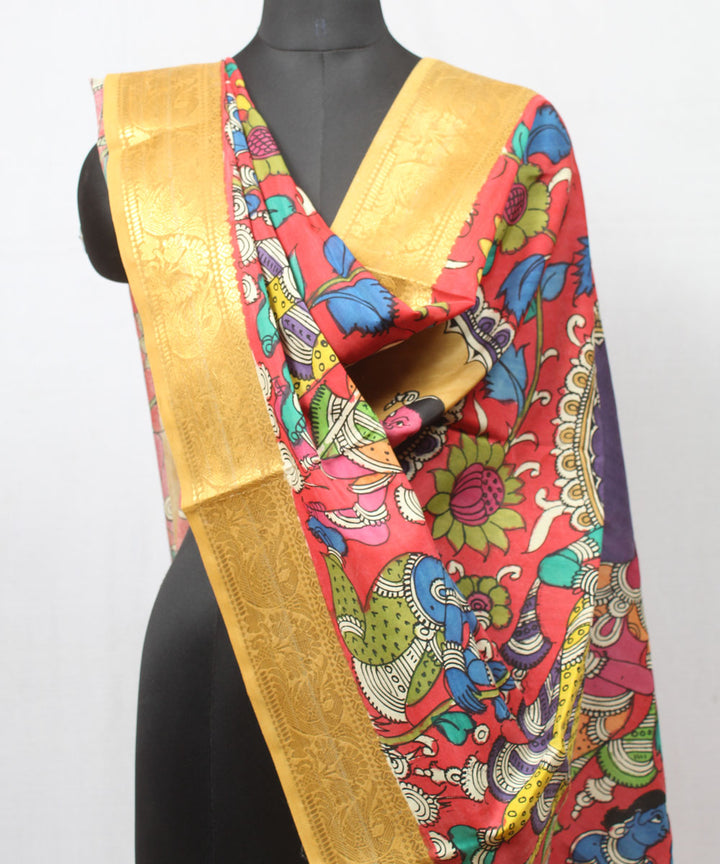 Multicolor mustard hand painted cotton silk kalamkari dupatta